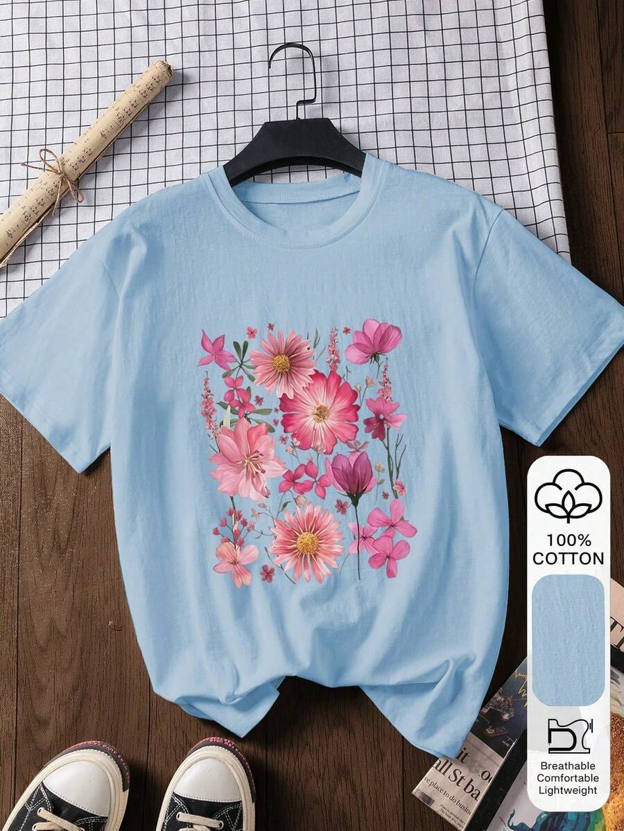 Fashionable, Casual, Short-Sleeved, 100% Cotton Top For Women, With Sun Print, Summer Clothes, Outdoor Activity Outfit, Back To School Outfit, White Color. - 淺藍色 3 - 查看 1