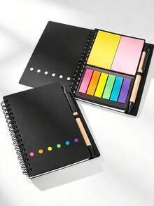 1/2/5pcs Notebook Set With Pen Holder And Random Color Index Label Stickers, Colorful Card Pen Design Spiral Bound Sticky Note Notebook, Creative Spiral Notebook Business Kraft Paper Notebook Sticky Note Combination Notepad, Suitable For Study And Office Use, Random Notebook, Sticky Note Set - Black - View 1