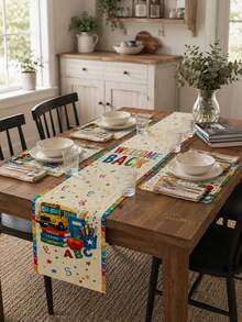 1 pieza - Juego de camino de mesa y manteles individuales de vuelta al colegio, decoración de mesa de comedor de lino con autobús escolar, letras ABC, libros, manzana y borde colorido para aula, fiesta de maestros y cocina - Multicolor - Ver 5