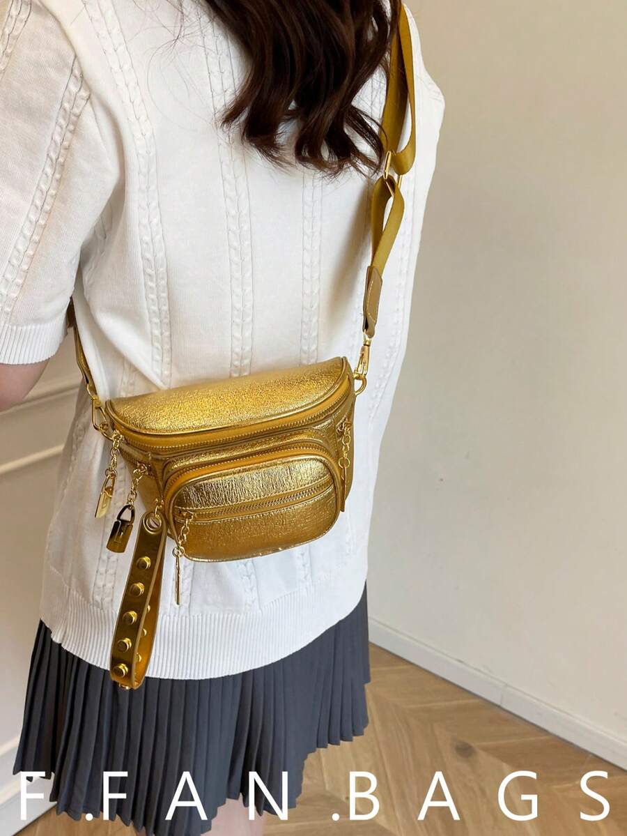 2026 Women's One Shoulder Chest Bag Korean Style Multi-Color Dual Compartment Crossbody Camera Bag Rivet Design - Gold - View 1