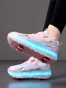 青少年輪滑鞋 爆款四輪溜冰鞋 小號四輪輪鞋 LED可充電發光鞋 亮燈鞋 - 粉色 - 查看 3