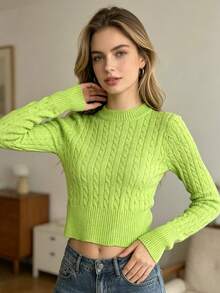Women's Green Cropped Blouse With Ribbed Texture, Long Sleeves, And A Round Neck. - Green - View 3