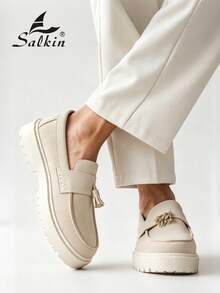 Salkin Minimalist Designer Men's Casual Shoes Authentic Brand Tassel Vintage Style Soft Solid Color Suede Upper Loafers For Men Affordable Luxury For Modern Living Comfortable Moccasin Preppy Student Shoes Thick Height-Increasing Sole Daily Walking Shoes Men Couple Dating Outing Versatile Party Banquet Social Shoes Holiday Gift Suitable For All Seasons - Beige - View 9