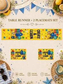 1 pieza - Juego de camino de mesa y manteles individuales de vuelta al colegio, decoración de mesa de lino amarillo Create & Learn con mochila, libros, pintura, lápices y manzana para fiesta temática de estudio para niños, aula y comedor de cocina - Multicolor - Ver 10