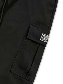 Drawstring Elastic Waist Large Pocket Mid-Length Cargo Shorts, Suitable For Daily Wear And Sports, Black, Autumn - Black - View 7