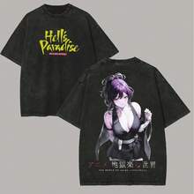 Camiseta de manga corta con estampado retro desgastado de Hell's Paradise para mujer - Tela de algodón suave y grueso, estilo oversize unisex, ropa casual de anime y streetwear. - Negro - Ver 1