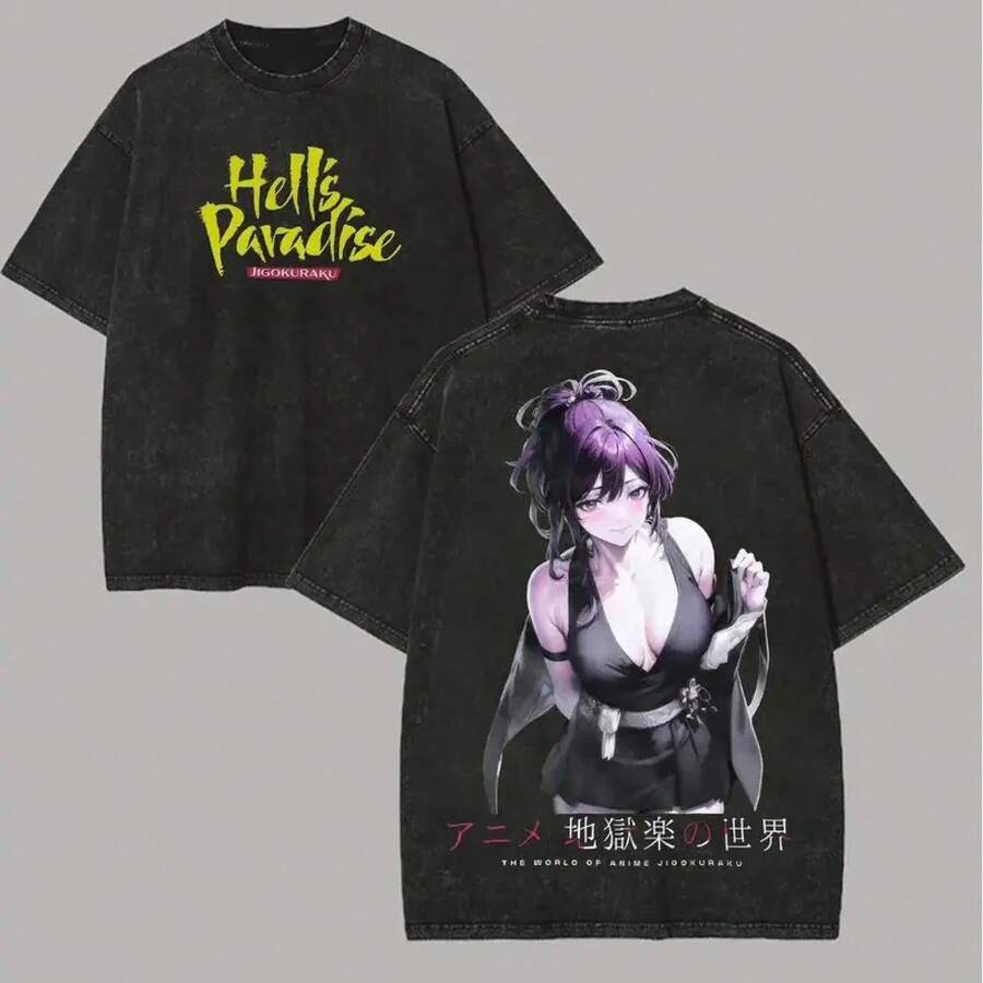 Camiseta de manga corta con estampado retro desgastado de Hell's Paradise para mujer - Tela de algodón suave y grueso, estilo oversize unisex, ropa casual de anime y streetwear. - Negro - Ver 1