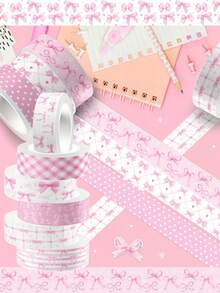 12pcs Multi Color Bow Washi Tapes Set, Red / Pink / Blue / Lavender / Black Bowknot Plaid Ahesive Decorative Masking Tape, For DIY Craft Scrapbooking Gift Wrapping Decor Stickers - Washi Tapes - View 5