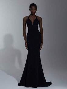Elitara Estilo minimalista, con hebilla de metal negro, tirantes halter, escote en V, sexy, espalda pronunciada, falda plisada de cola de pez con baj - Negro - Ver 3