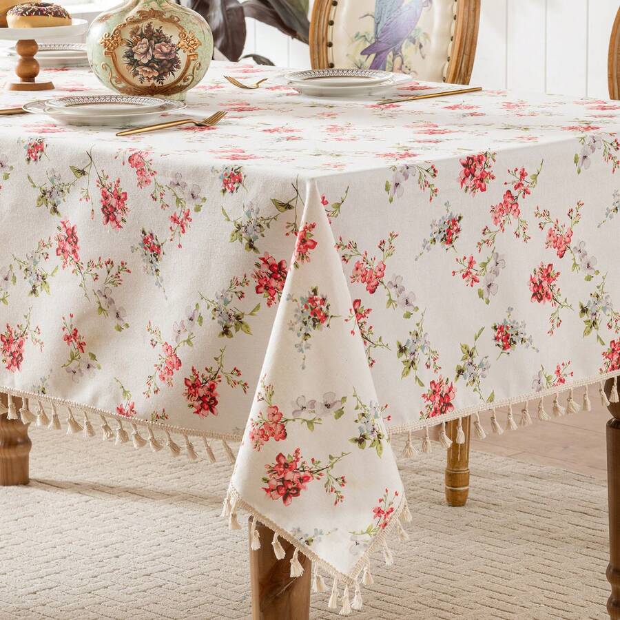 1pc Watercolor Rose & Wildflower Print Tassel Rectangular Tablecloth, Fresh Farmhouse Style Washable Dining Tablecloth, Suitable For Kitchen, Picnic, Dinner Party, Wedding, Indoor/Outdoor Use - Blue and White - View 1