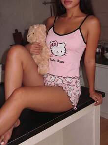 Hello Kitty 2026 Women's Summer Pajama Set 2 Pieces Sleepwear Set Pajama Pants Robe Y2K Style Loungewear Shorts + Top Casual Set - Apricot - View 4