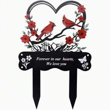 Heart-Shaped Red Cardinal 2D Acrylic Memorial Stake, Cemetery Memorial Yard Sign, All-Season Outdoor Garden Grave Decoration, Condolence Sympathy Gift - A - View 1