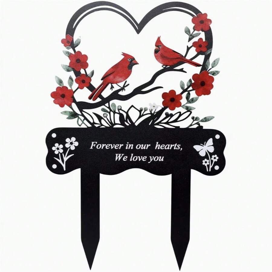 Heart-Shaped Red Cardinal 2D Acrylic Memorial Stake, Cemetery Memorial Yard Sign, All-Season Outdoor Garden Grave Decoration, Condolence Sympathy Gift - A - View 1