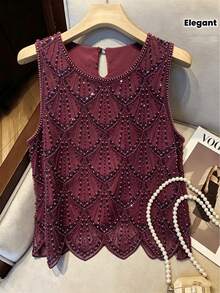 Women's Elegant Party Purple Blouse - Sleeveless Sequin Blouse, Casual Wear - Easy Care Hand Wash Evening Gown, Summer Fashion, Shiny Sequins - Red Violet - View 2