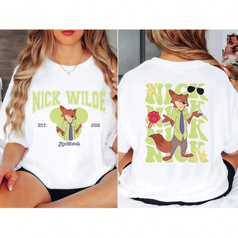 Disney World Zootopia Nick Wilde Shirt Four Seasons New Style Unisex Casual Pure Cotton T-Shirt - 2-JCS-2 - 查看 1
