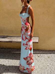 Vestido Elegante, Romántico, Sexy, Casual, para Vacaciones o Citas, con Encaje Floral, Vestido de Verano, Vestido Largo Casual, Atuendo para Vacaciones de Verano, Vestido Floral - Azul - Ver 1