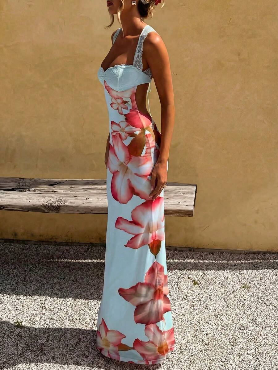 Vestido Elegante, Romántico, Sexy, Casual, para Vacaciones o Citas, con Encaje Floral, Vestido de Verano, Vestido Largo Casual, Atuendo para Vacaciones de Verano, Vestido Floral - Azul - Ver 1
