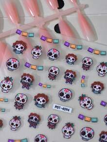 1pc Colorful Candy Skull Nail Stickers, Self-Adhesive Disposable Embossed Nail Decor, INS Style, Shiny Surface, Asymmetrical Shape, Fragrance-Free, Suitable For Theme Parties - Multicolor - View 3