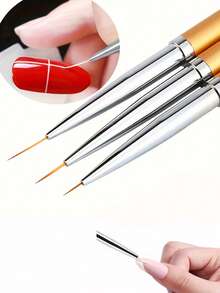3pcs Metallic Handle Nail Art Brushes, Painting Brushes, Liner Brushes, Ultra-Fine Line Brushes Nail Art Tools, Different Sizes (7mm/9mm/11mm) Professional And DIY Nail Tip Trimming Tools, Nail Brush Set, Nail Brushes - Gold - View 5