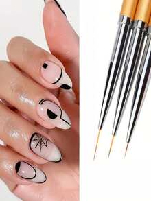 3pcs Metallic Handle Nail Art Brushes, Painting Brushes, Liner Brushes, Ultra-Fine Line Brushes Nail Art Tools, Different Sizes (7mm/9mm/11mm) Professional And DIY Nail Tip Trimming Tools, Nail Brush Set, Nail Brushes - Gold - View 2
