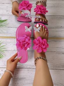 1 Pair Hot Pink Women's Summer Floral & Rhinestone Butterfly Decor Toe Loop Flat Slide Sandals, Stylish Open Toe Casual Slippers - Hot Pink - View 4