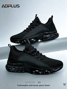 AoPlus Men Full Black Air Cushion Running Shoes Breathable Knit Sneakers Shock Absorbing Hollow Non-Slip Athletic Walking Trainers - 黑色 - 查看 1