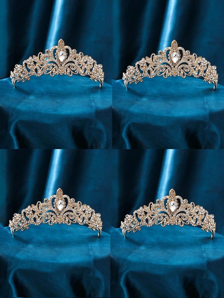Conjunto de 4 peças de tiara/coroa para mulher, estilo europeu, para festa de aniversário, casamento e fotografia, em liga de zinco com strass, letras brilhantes, cristais incrustados brilhantes e translúcidos, material leve para uso confortável, elegante e romântica para ocasiões de casamento, acessório de cabeça para noiva, coroa de noiva, coroa de casamento - Quatro peças formam um conjunto de ouro 001-8. - Ver 1