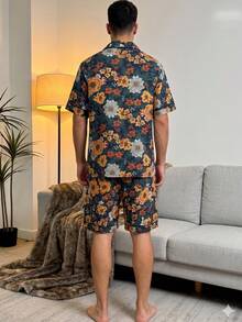 Men's 2-Piece Short Sleeve & Shorts Pajama Set, Comfortable Loungewear, Sunflower Fashion Casual Lapel Home Wear - Multicolor - View 5