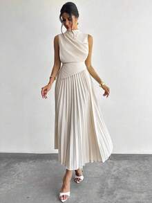Vestido de línea A con cuello swing, sin mangas y con volantes/Falda paraguas/Ropa de vuelta al colegio/Ropa escolar/Fiesta/Estilo de mujer d - Marrón - Ver 9