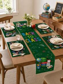 1 pieza - Juego de camino de mesa y manteles individuales de vuelta a la escuela, decoración de mesa de lino verde con mochila, libros, globo terráqueo, despertador y estilo de pizarra para fiesta de aula y comedor del hogar - Multicolor - Ver 6