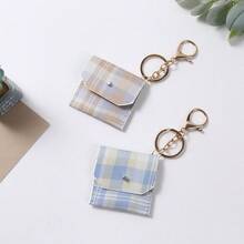 1pc Neutral Plaid Mini Pouch Keychain, Small Bag Pendant, Fashionable Daily Practical Accessory - Multicolor - View 3
