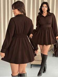 Vionelle Vestido de cuello de camisa tejido de manga larga con cintura recogida de unicolor, talla grande, otoño/invierno - Café integral - Ver 1