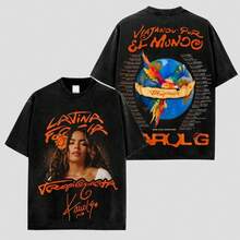 Camiseta de Algodón Premium Viajando Por El Mundo Tropitour, Camiseta La Bichota, para Fans de Latin Queen, Camiseta Gráfica de Pop Latino, Mercancía de Gira de Conciertos, Camiseta de Veran - Negro - Ver 1
