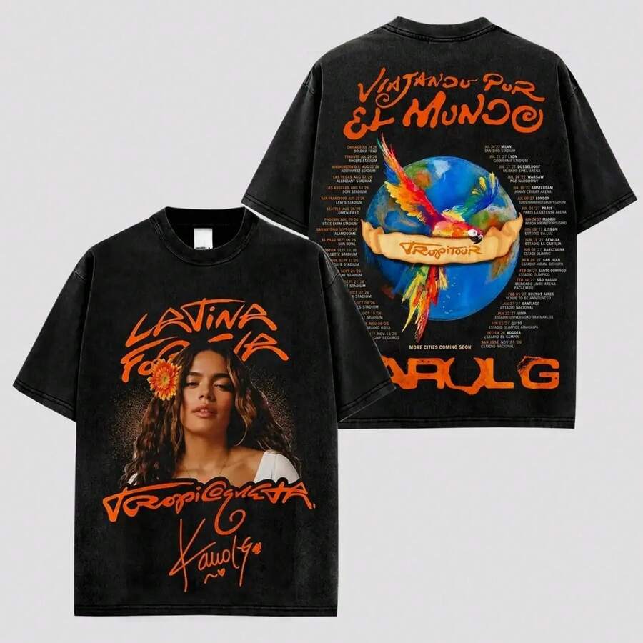 Camiseta de Algodón Premium Viajando Por El Mundo Tropitour, Camiseta La Bichota, para Fans de Latin Queen, Camiseta Gráfica de Pop Latino, Mercancía de Gira de Conciertos, Camiseta de Veran - Negro - Ver 1
