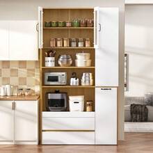 Highboard With Adjustable Shelves And Drawers, Sideboard With Pull-Out Shelves And Ribbed Glass, Ideal For Dining Room, Living Room And Kitchen - White+Natural - 查看 5