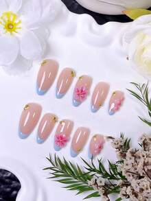 10 piezas de uñas postizas de almendra hechas a mano – puntas francesas azules con degradado rosa y arte floral, detalles de flores pintados a mano & cuentas doradas. Elegantes, románticas & reutilizables, perfectas para el glamour diario, citas, fiestas, vacaciones y regalos para mujeres. - Multicolor - Ver 3