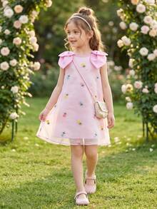 Girls Sweet Cute Mesh Floral Embroidery A-Line Dress With Detachable Bow, Pink Sleeveless Dress For Summer Vacation And Party Wear - Pink - View 1