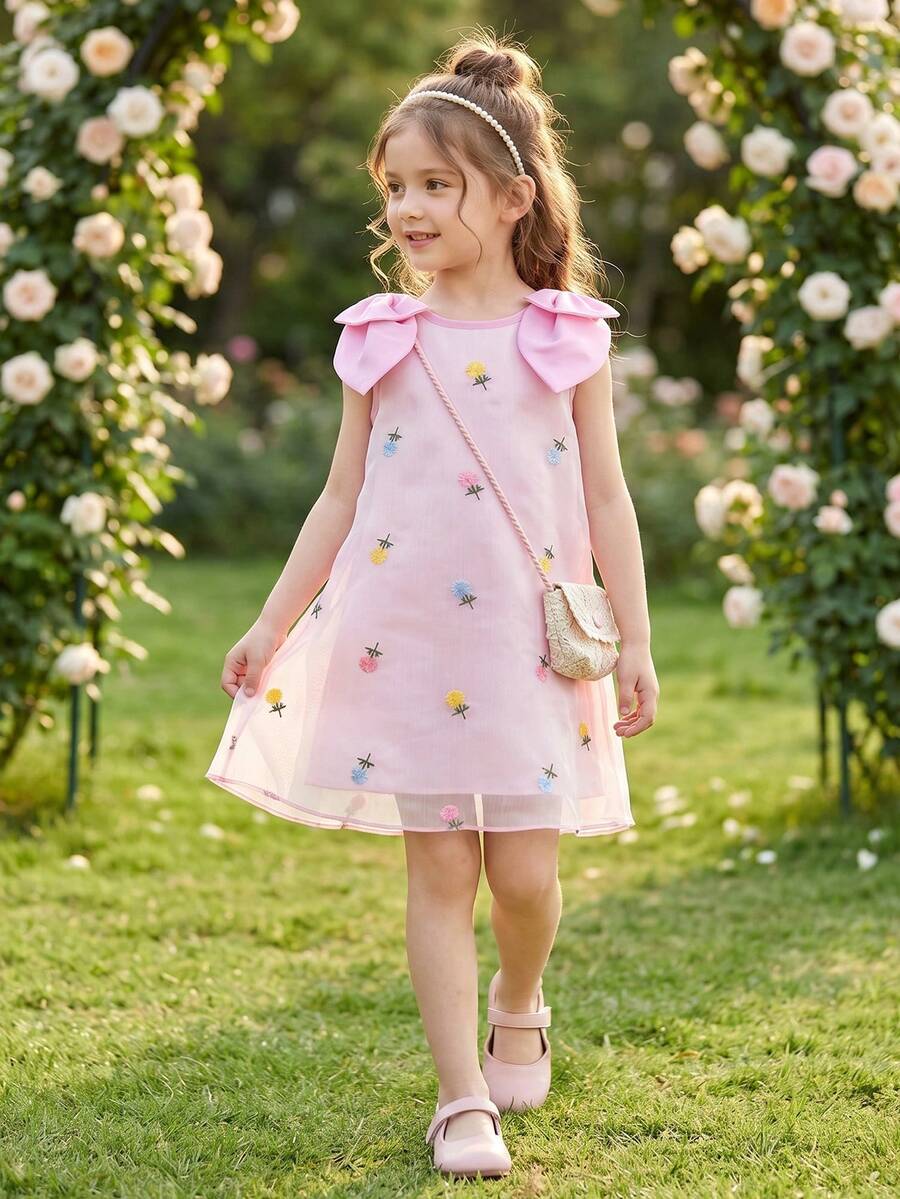 Girls Sweet Cute Mesh Floral Embroidery A-Line Dress With Detachable Bow, Pink Sleeveless Dress For Summer Vacation And Party Wear - Pink - View 1
