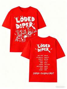 Soft Casual Cotton Loded Diper World Tour Double-Sided Print Unisex Crewneck Short Sleeve T-Shirt, Loose Summer Rock Graphic Tee For Men And Women - 紅色 - 查看 1
