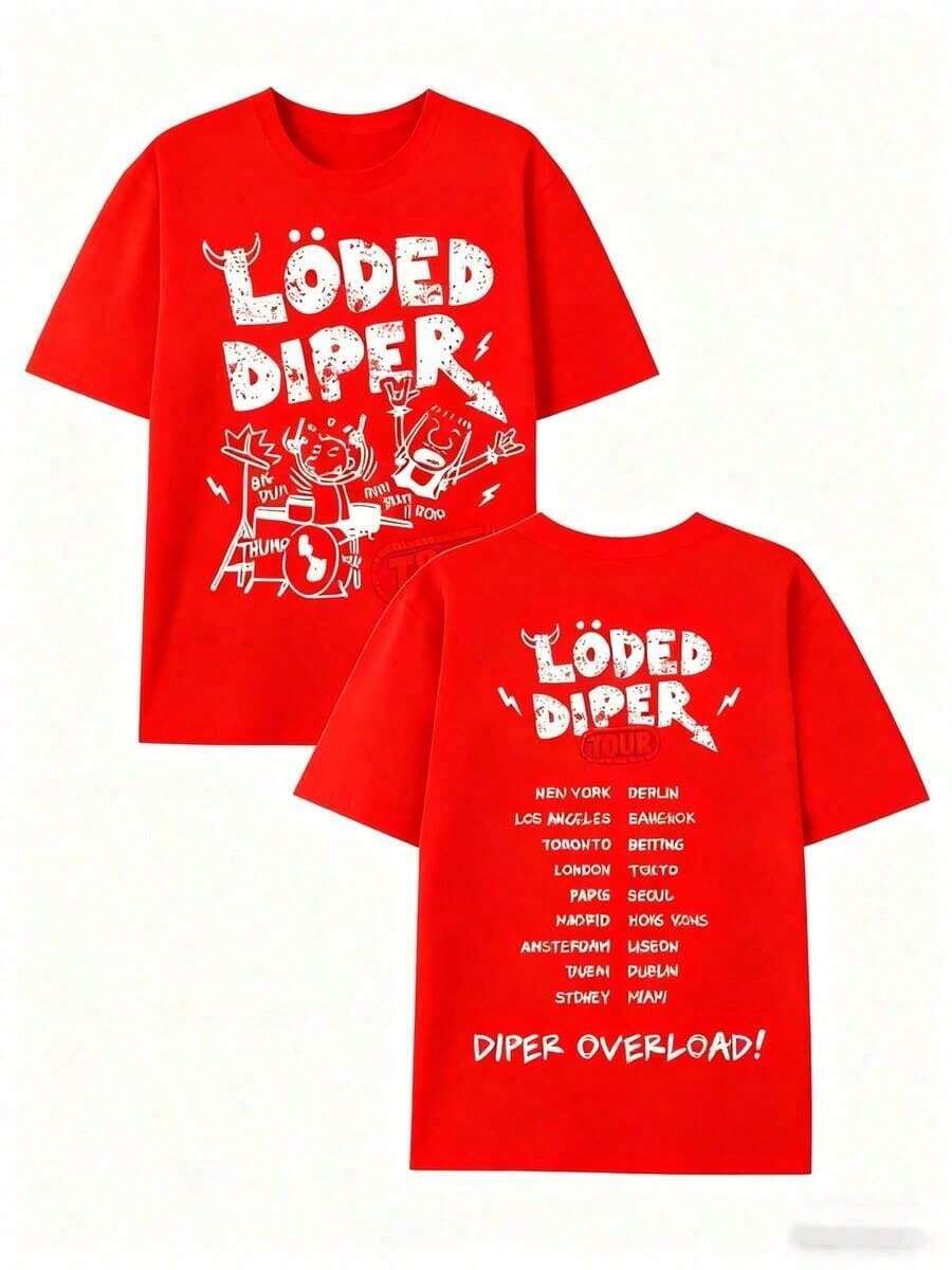 Soft Casual Cotton Loded Diper World Tour Double-Sided Print Unisex Crewneck Short Sleeve T-Shirt, Loose Summer Rock Graphic Tee For Men And Women - 紅色 - 查看 1
