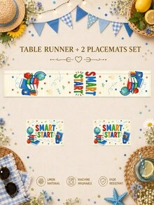 1pc-Back To School Table Runner And Placemats Set, Beige Smart Start Linen Dining Decor With Books, Globe, Apple, Pencil And Paper Plane For Teacher Classroom, Study Room And Home Table - Multicolor - View 15