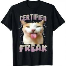 "At Cement" Cursed Cats Humor T-Shirt, 100% Cotton, Unisex, Urban Casual Style, Viral Meme Top,  Summer Outfit, Original Gift For Cat Lovers, Short Sleeve - 白色 - 查看 2