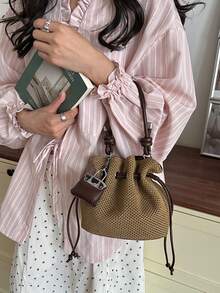 Summer Large Capacity Handbag Casual Hollow Straw Woven Bag Pastoral Artistic Handbag Beach Vacation Sand Bucket Shoulder Bag - Khaki - View 5