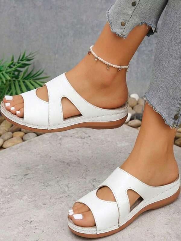 Wide Fit Women's Plus Size 36-45 Slip-On Wear-Resistant Comfortable Solid Color Open Toe Low-Top Wide Face Thick Sole Wedge Heel Sandals Minimalist Slouchy Style Summer Outdoor White Beach Slides Women's Wedge Heel Sandals Women's Plus Size Wide Last Wedge Heel Thick Sole Sandals Fashion Comfortable Wedge Heel White Sandals Casual Style Summer Daily Outdoor Beach Play Minimalist Lightweight White Sandals Plus Size Women's Slides Wedges Heels For Women