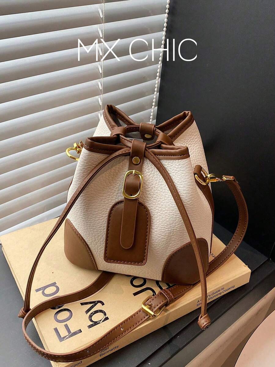 Fashionable Color-Blocking Drawstring Mini Crossbody Bag For Women - Beige - View 1