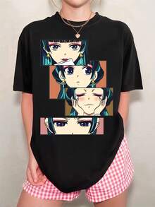 Oversized Black T-Shirt The Apothecary's Notebooks Mao Mao 4-Panel Staircase Multi-Expression - Black - View 1