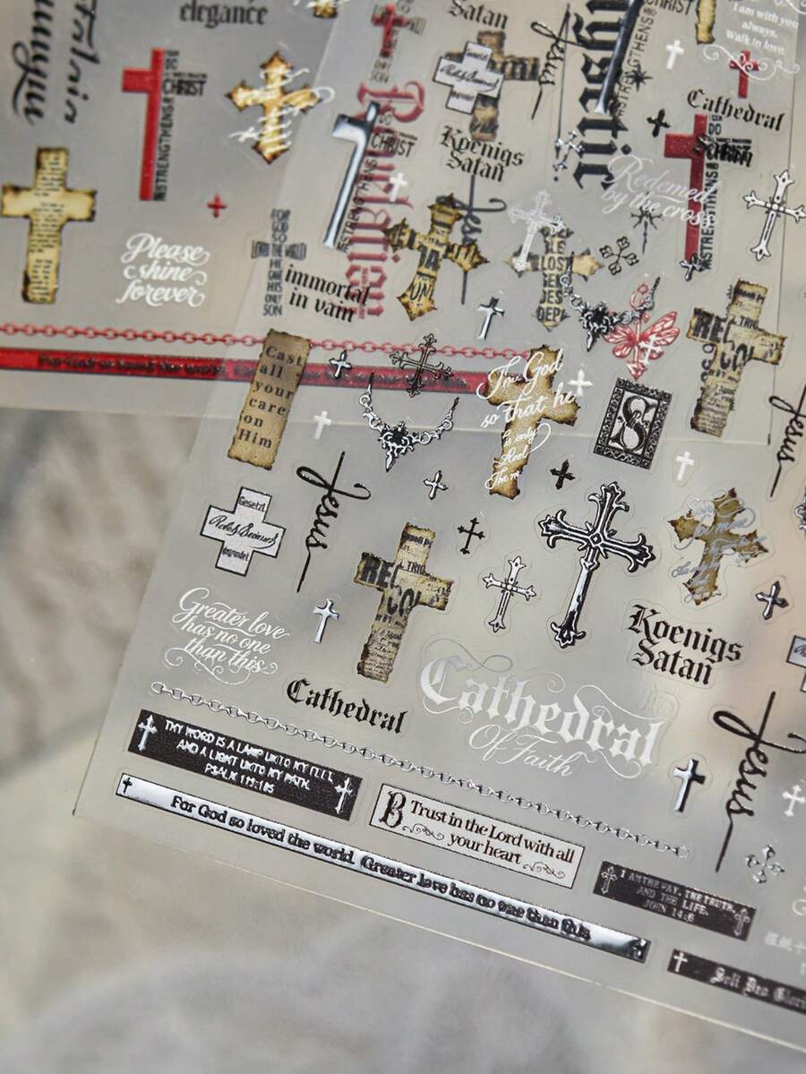 1 Gothic Cross Nail Luxury Sticker, Retro Text Design, Self-Adhesive Embossed Sticker, Punk Dark Style Nail Art Decoration Sticker DIY Nail Stickers - 彩色 - 查看 1