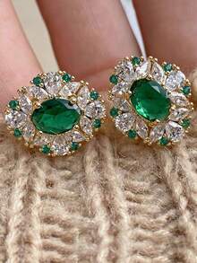 1 Pair Premium Emerald Green Synthetic Zirconia Exquisite Unique Glamorous Elegant Party Ball Wedding Bridal Women Copper Alloy Stud Earrings - Green - View 3