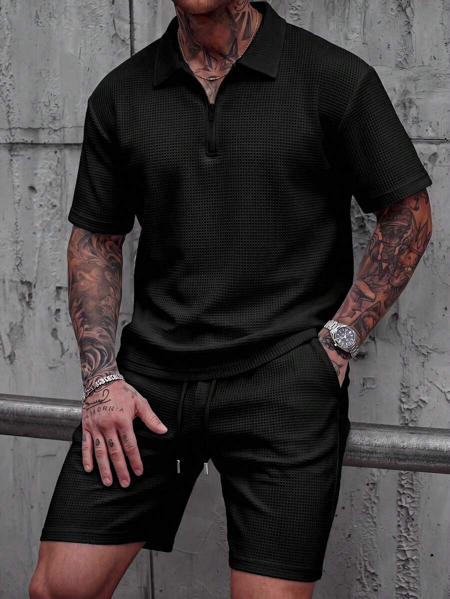 Men's Summer Retro Waffle Knit Casual Commute Minimalist Zip Polo & Drawstring Shorts 2 Pieces Set - Black - View 1