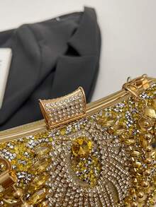 Women's Evening Clutch Bag, Hard Shell Square Box Bag With Floral Rhinestone Pattern, Top Handle And Detachable Chain Shoulder Strap, Suitable For Weddings, Balls And Banquets - Gold - View 5